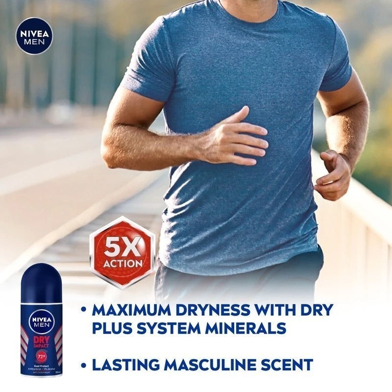 NIVEA MEN Deodorant Male Dry Impact Roll On Men's Grooming Anti Perspirant No Sweat & Stain