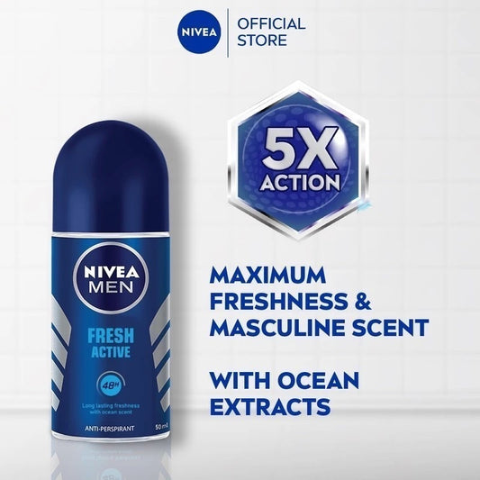 NIVEA MEN Deodorant Male Fresh Active Roll On 50ml / Men's Grooming / Anti Perspirant / No Sweat & Stain