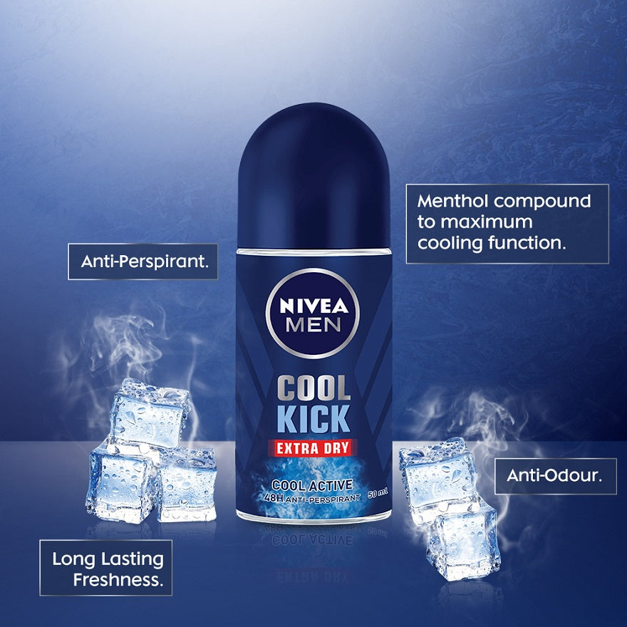 NIVEA MEN Deodorant Male Cool Kick Extra Dry Roll On 50ml / Men's Grooming / Anti Perspirant / No Sweat